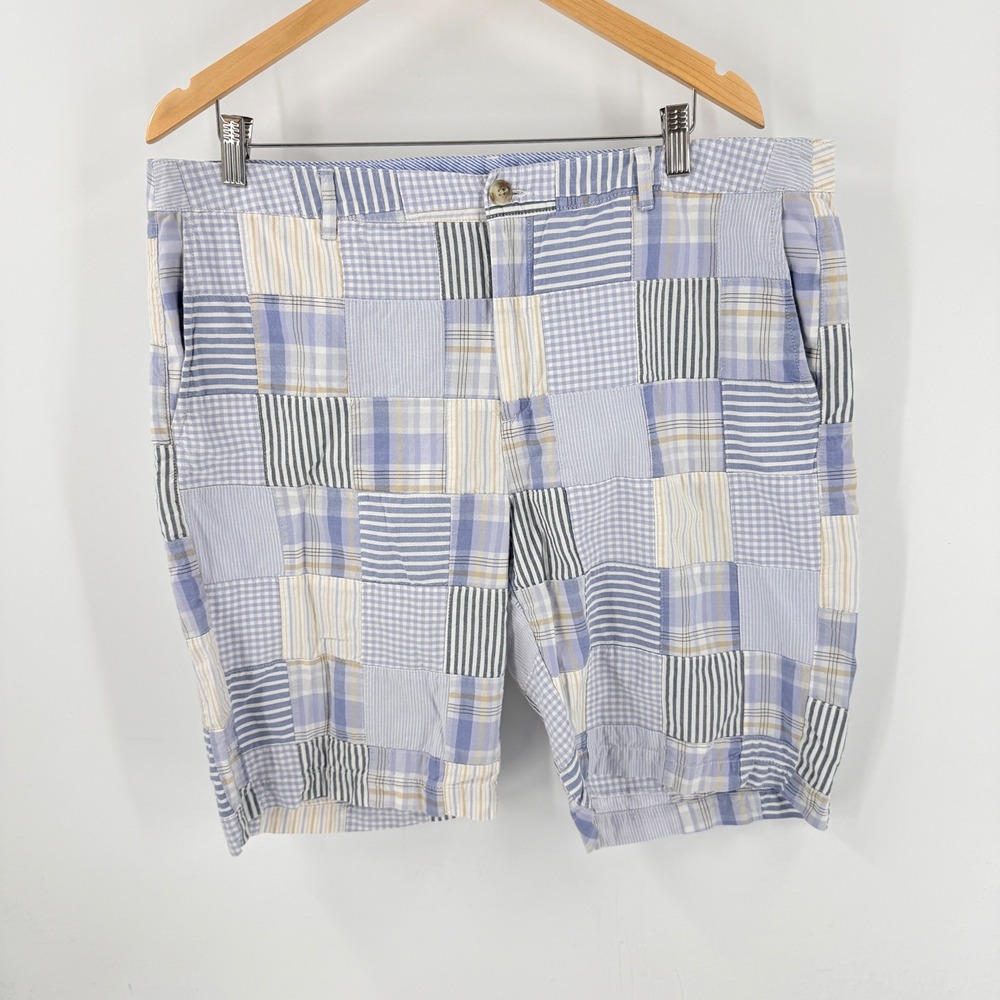 L.L.Bean Patchwork Shorts Blue 18 Regular Favorite Fit Plaid Seersucker Coastal‎